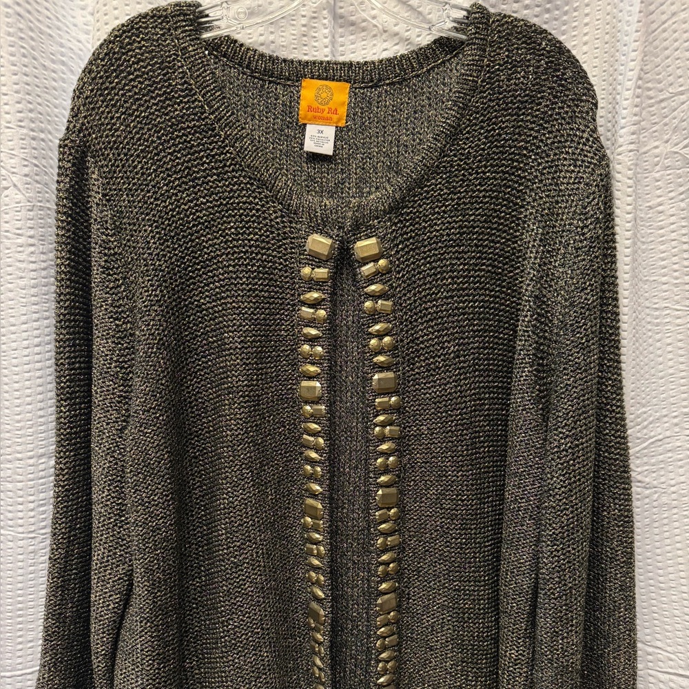 Ruby Rd. Shimmering Gray Cardigan with Gold Accents